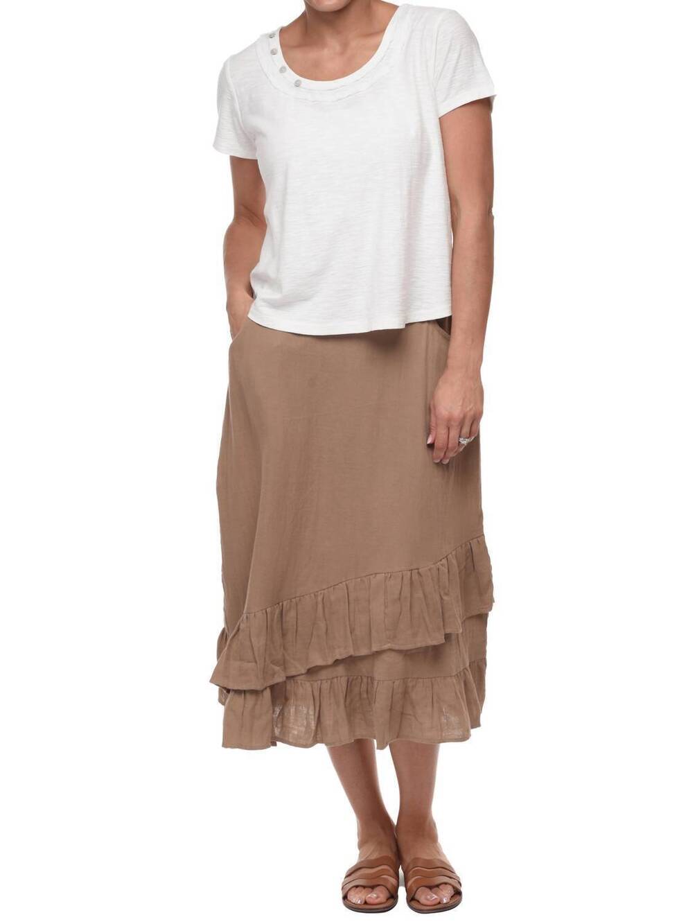 NEW TULIP CLOTHING erika flat front skirt in sand